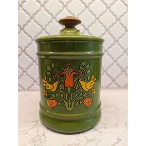 VTG Green Kromex, Aluminum Canister 6" Dutch Folk Art Distelfink Bird